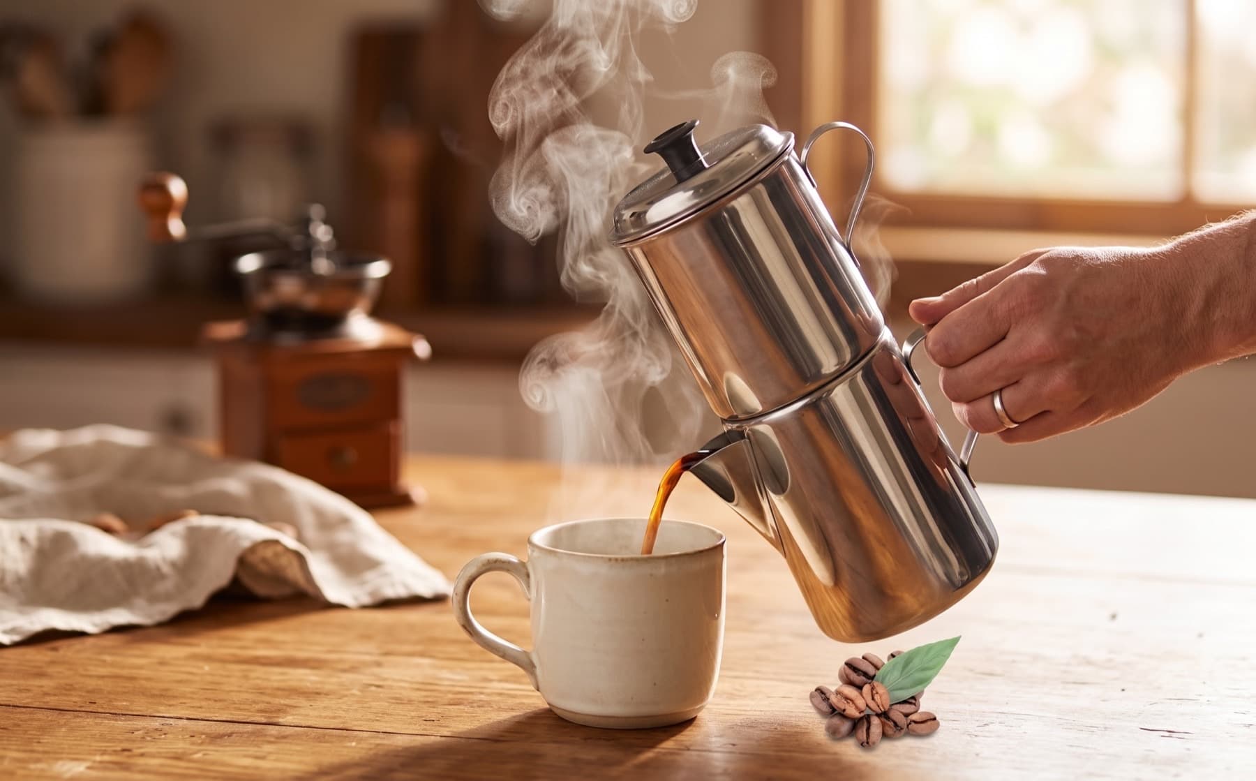 Café servido fácilmente desde una cafetera tradicional