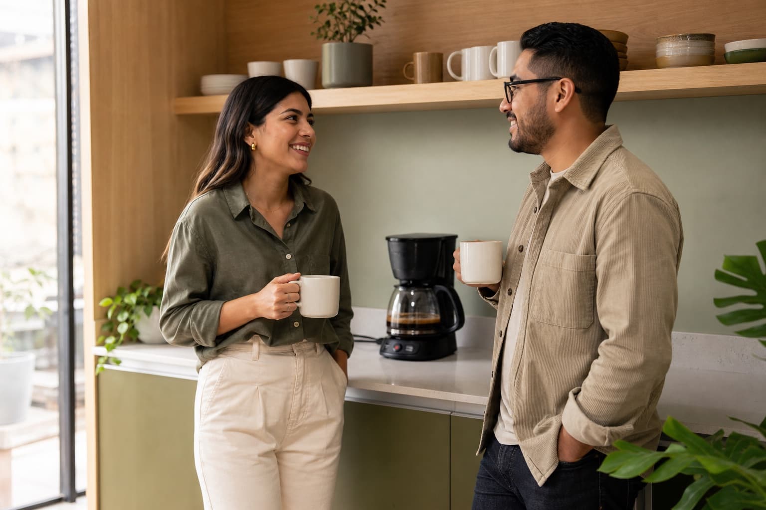 Dos compañeros compartiendo café peruano junto a una cafetera de goteo en una oficina