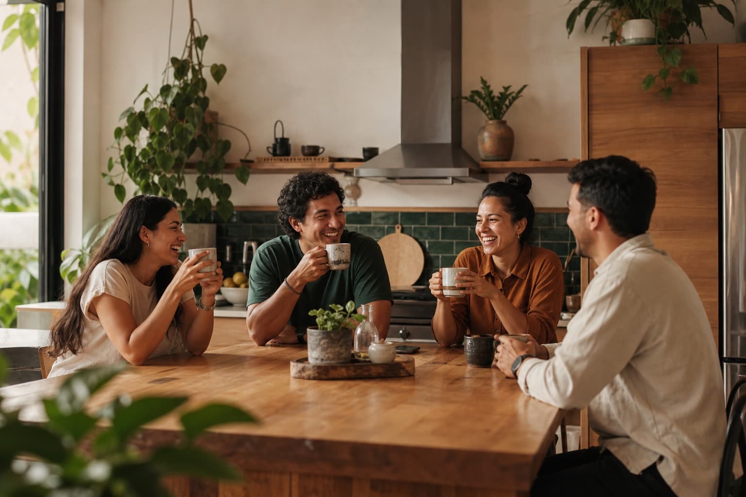 Personas latinas compartiendo una taza de café peruano en casa